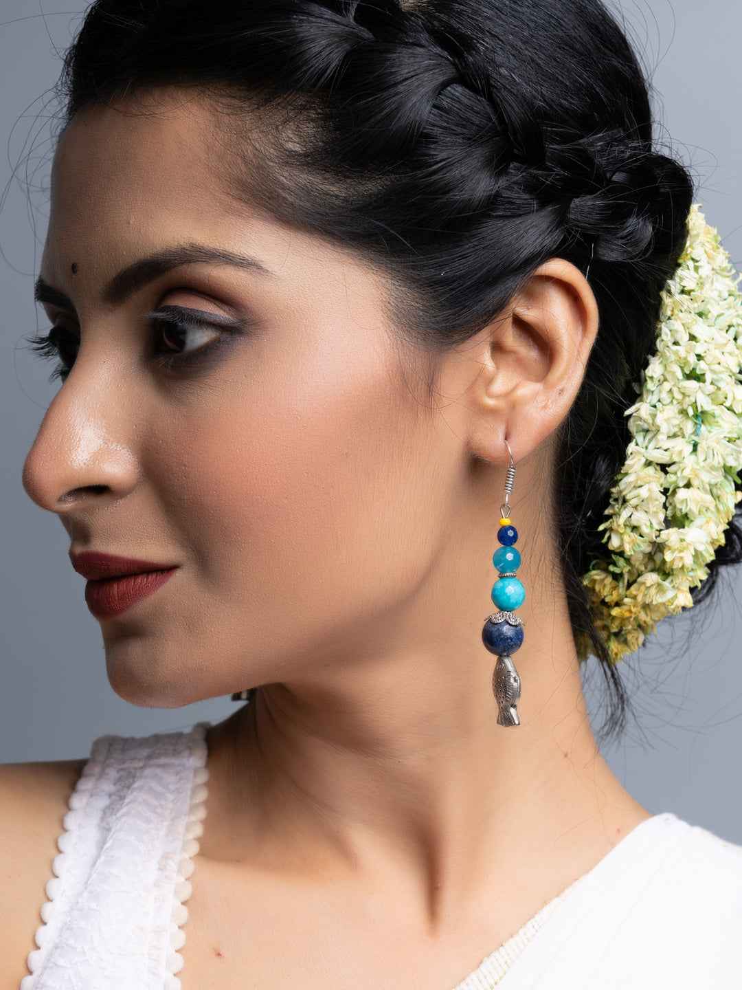 Lapis Onyx German Silver Fish Earrings