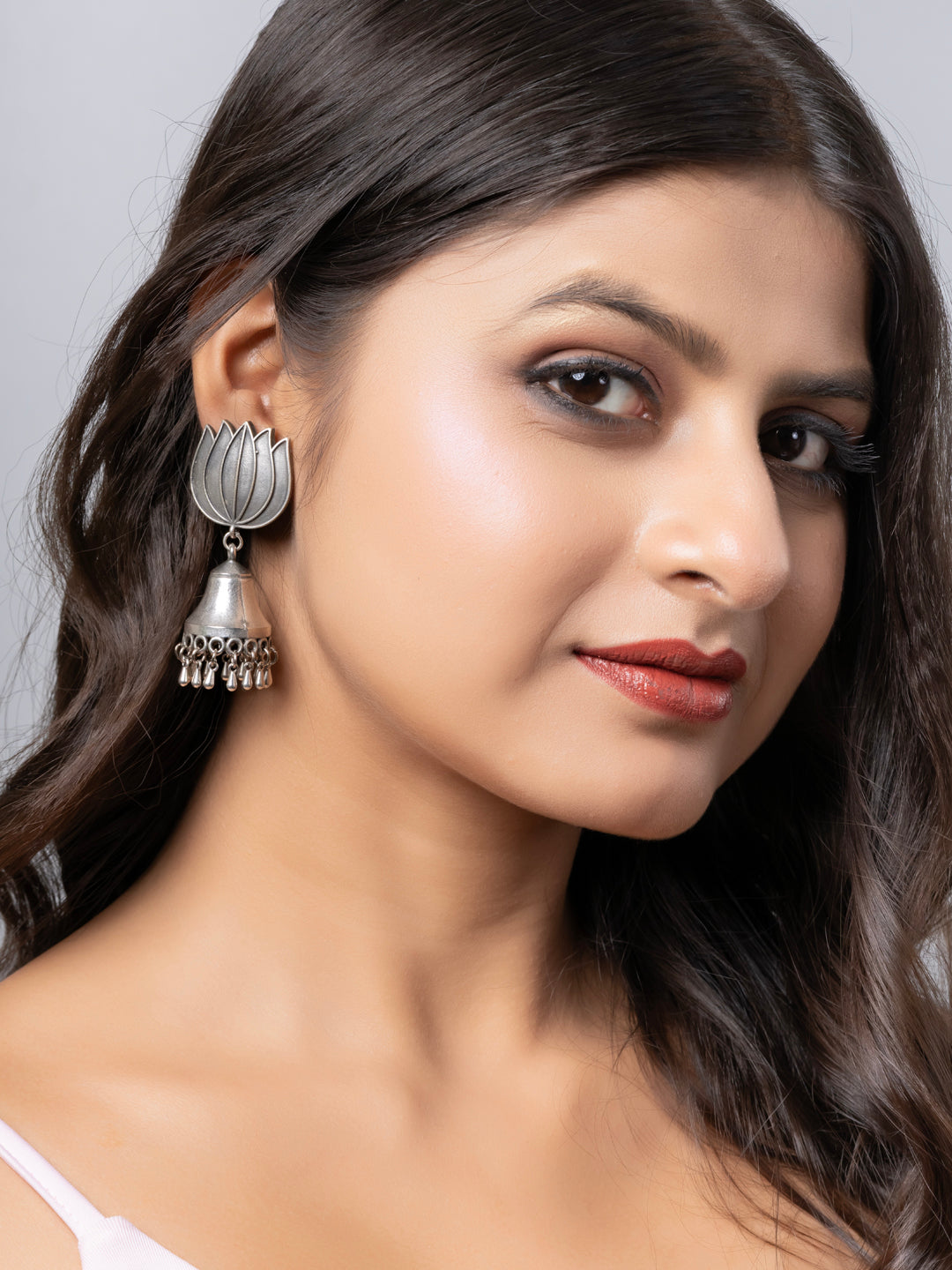 Quirky Oxidized Silver Lotus Floral Statement Stud Jhumka Earring LOOK AND ADORN - designed for you