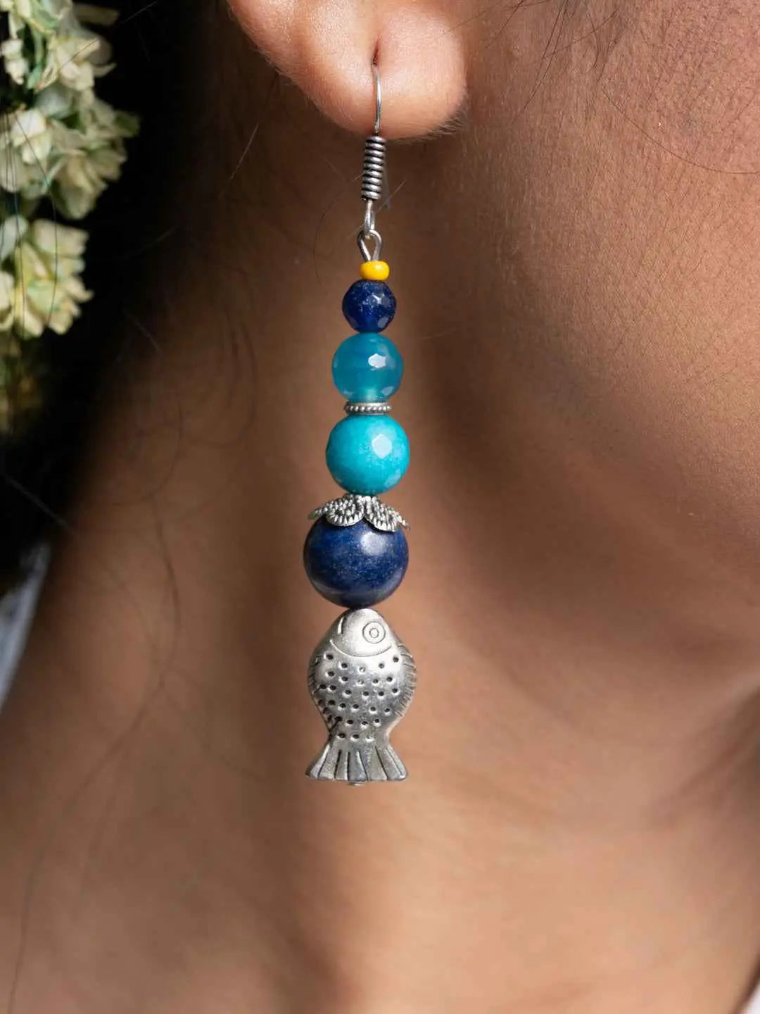 Lapis Onyx German Silver Fish Earrings