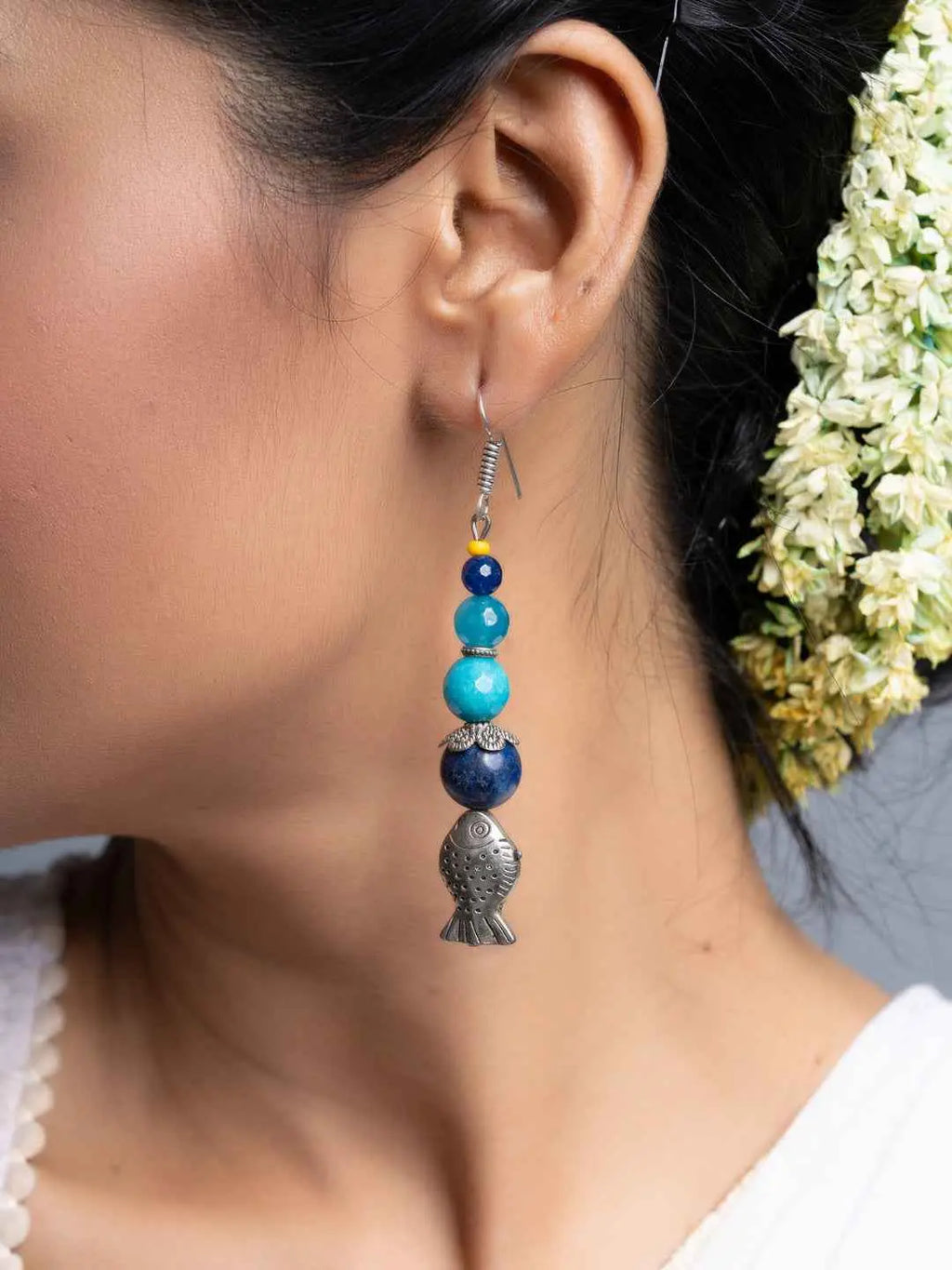 Lapis Onyx German Silver Fish Earrings