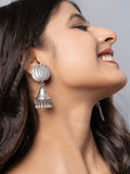Quirky Oxidized Silver Lotus Floral Statement Stud Jhumka Earring LOOK AND ADORN - designed for you