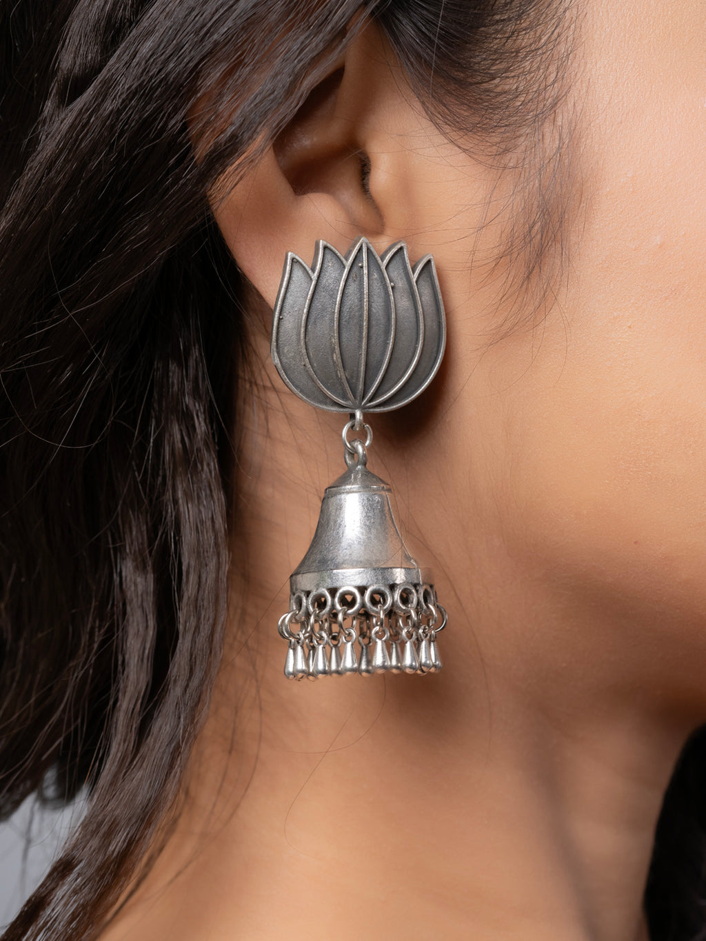Quirky Oxidized Silver Lotus Floral Statement Stud Jhumka Earring LOOK AND ADORN - designed for you
