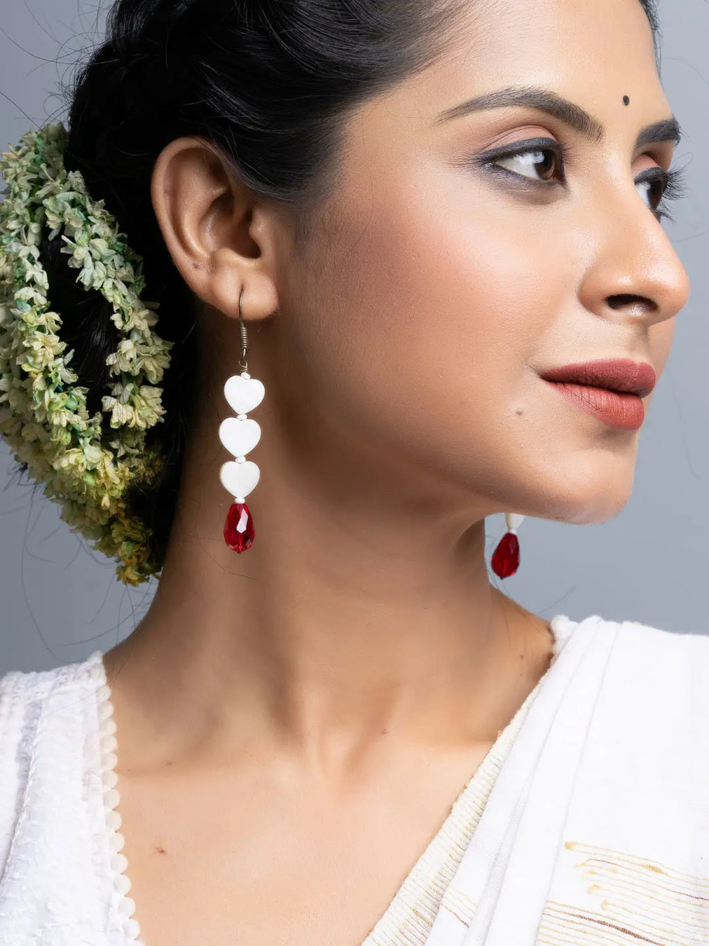 Mother of Pearl Heart Red Crystal Drop Earrings - Lookandadorn.com