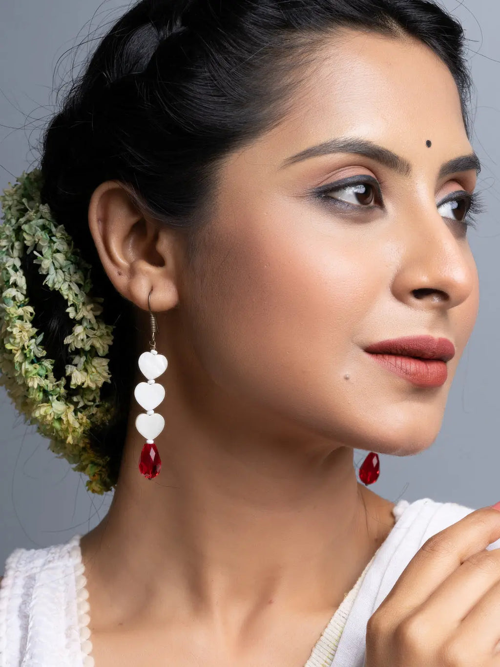 Mother of Pearl Heart Red Crystal Drop Earrings - Lookandadorn.com