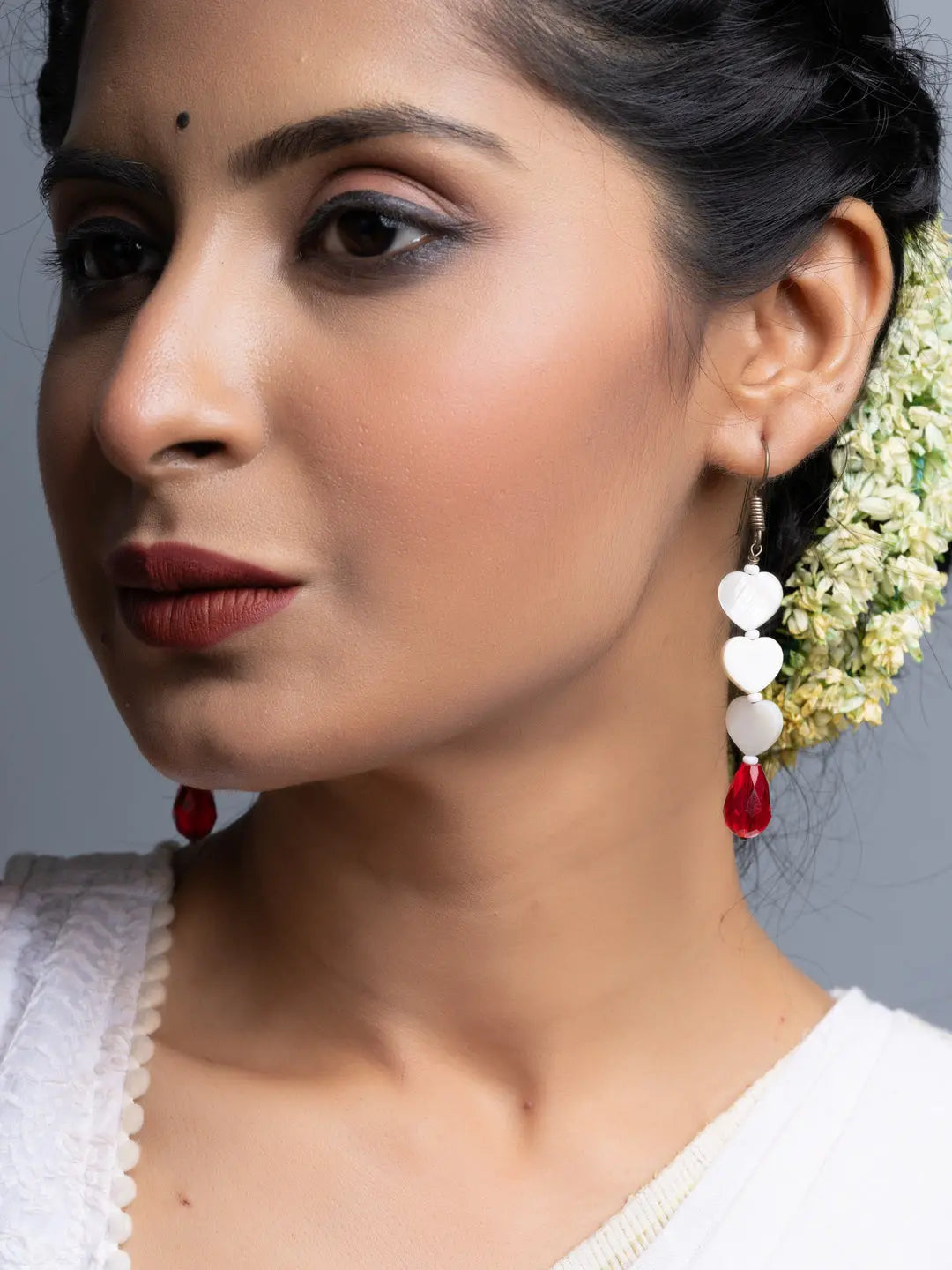 Mother of Pearl Heart Red Crystal Drop Earrings - Lookandadorn.com