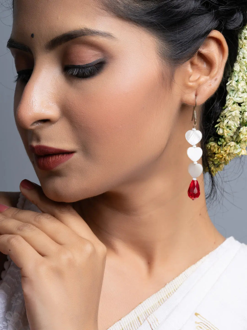 Mother of Pearl Heart Red Crystal Drop Earrings - Lookandadorn.com