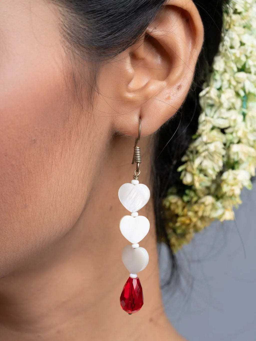 Mother of Pearl Heart Red Crystal Drop Earrings - Lookandadorn.com