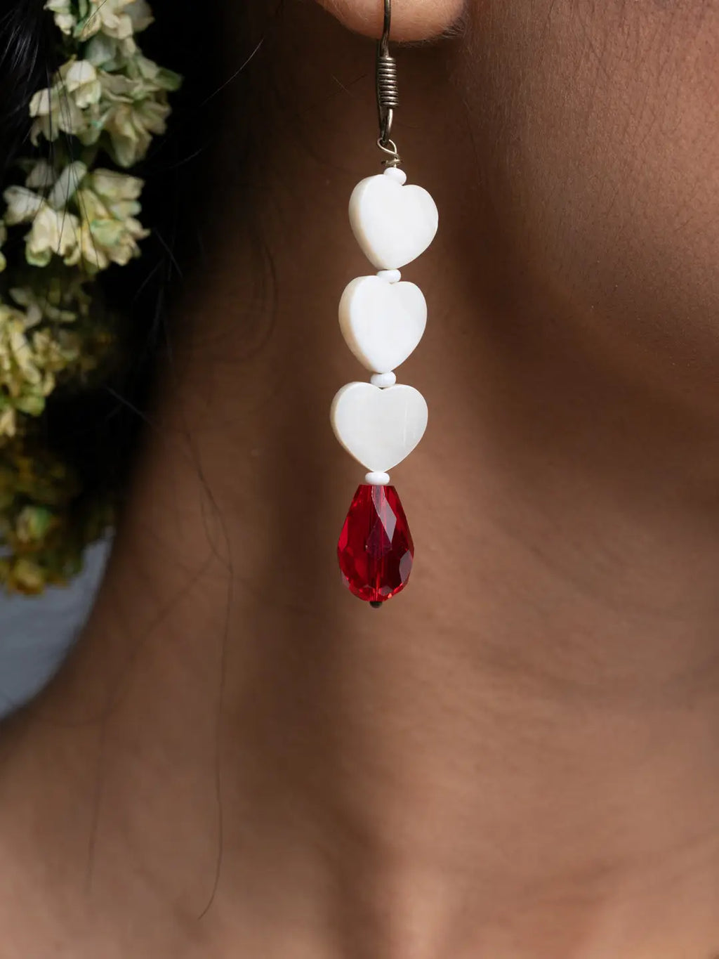 Mother of Pearl Heart Red Crystal Drop Earrings - Lookandadorn.com