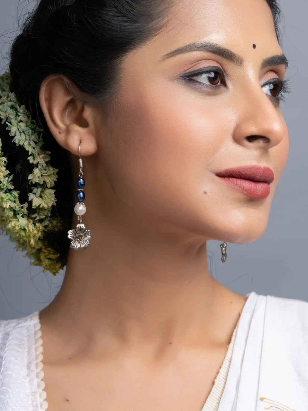 Fresh Water Pearl German Silver Floral Earrings
