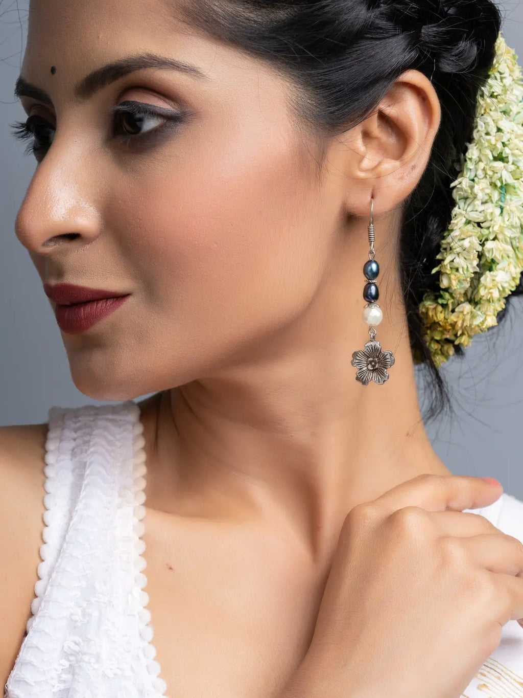 Fresh Water Pearl German Silver Floral Earrings - Lookandadorn.com