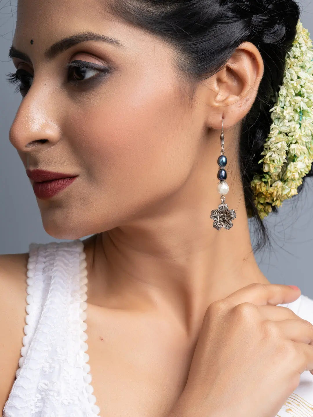 Fresh Water Pearl German Silver Floral Earrings - Lookandadorn.com