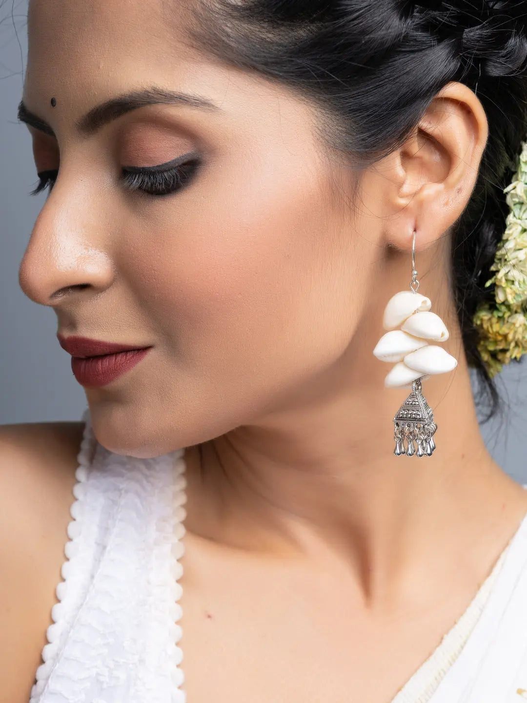 Cowrie German Silver Jhumka Earrings - Lookandadorn.com