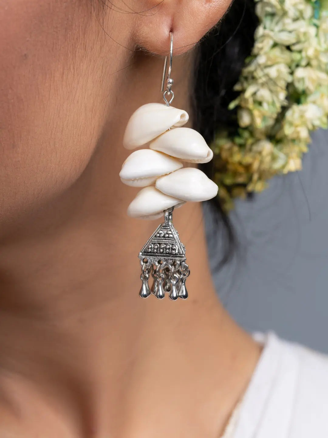 Cowrie German Silver Jhumka Earrings - Lookandadorn.com