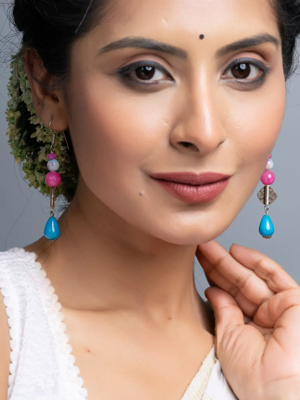 Blue Pink Semi Precious Onyx Earrings
