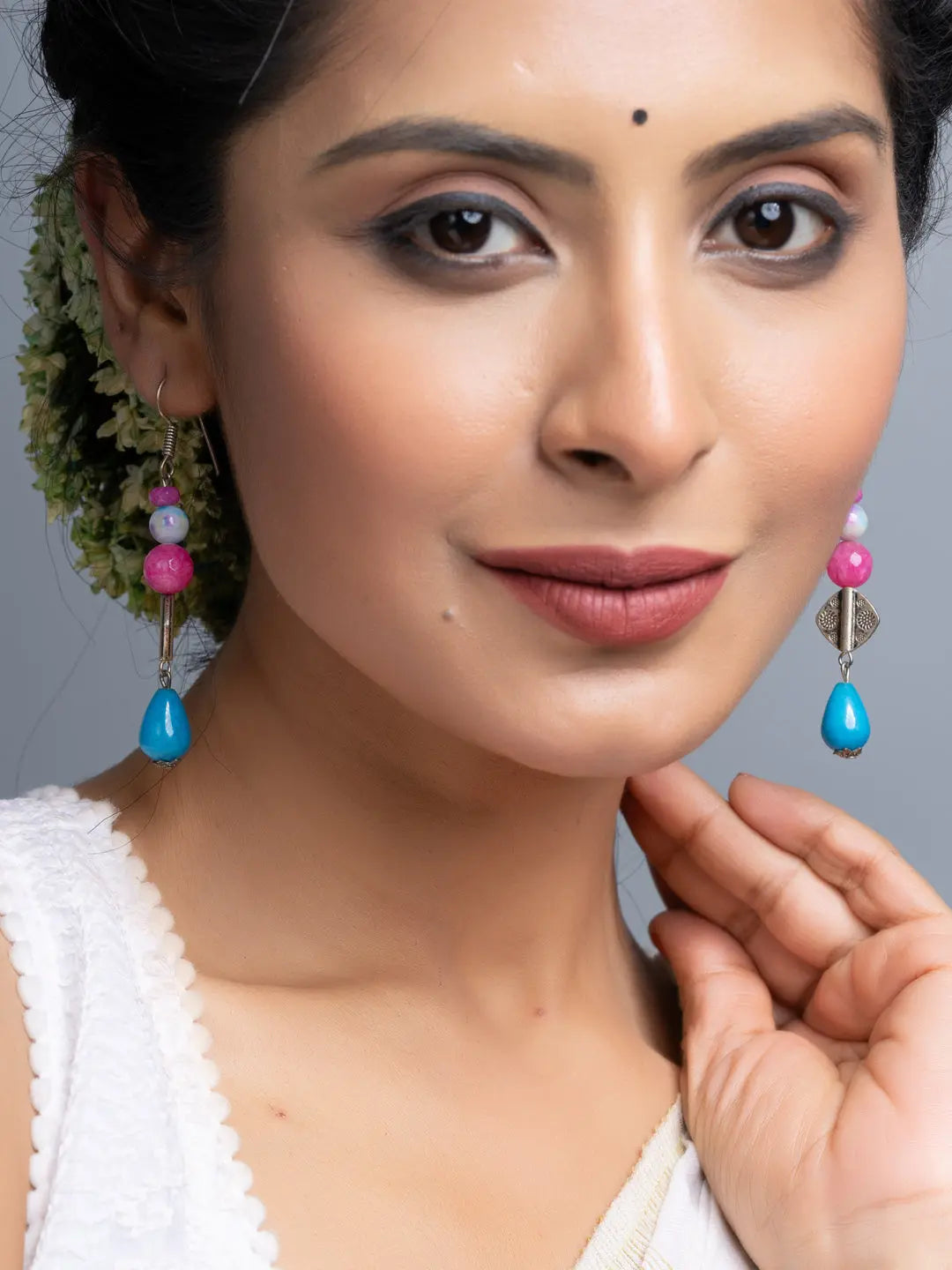 Blue Pink Semi Precious Onyx Earrings