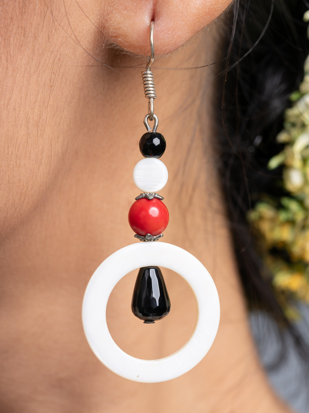 Mother of Pearl Coral Onyx Earrings - Lookandadorn.com