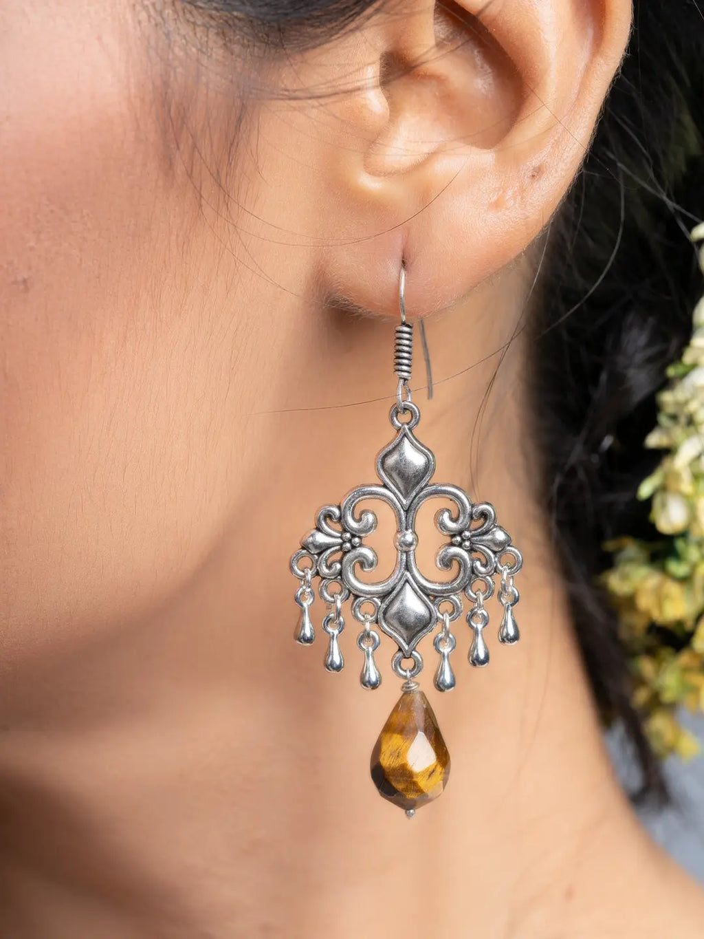Tiger Eye German Silver Dangler Earrings - Lookandadorn.com