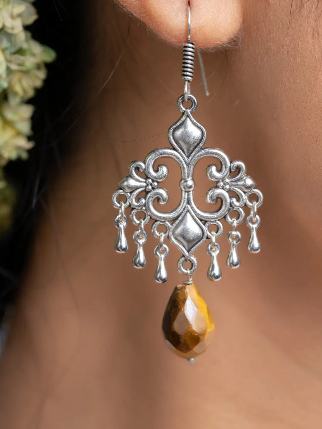 Tiger Eye German Silver Dangler Earrings - Lookandadorn.com