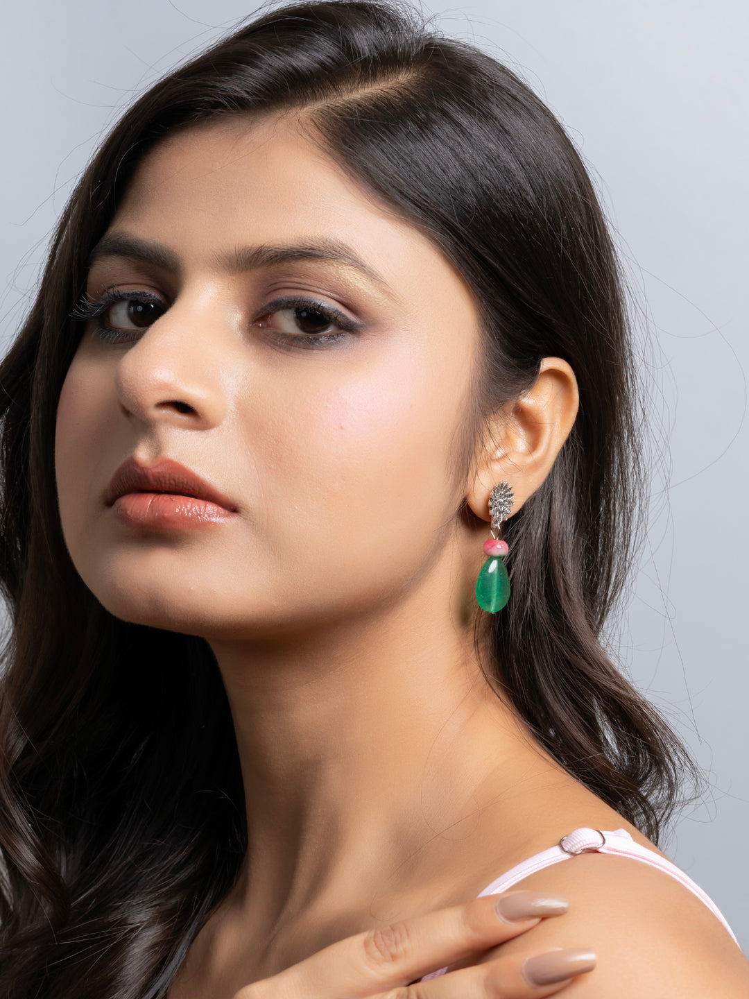 German Silver Floral Pink Green Jade Onyx Drop Stud Earring LOOK AND ADORN - designed for you