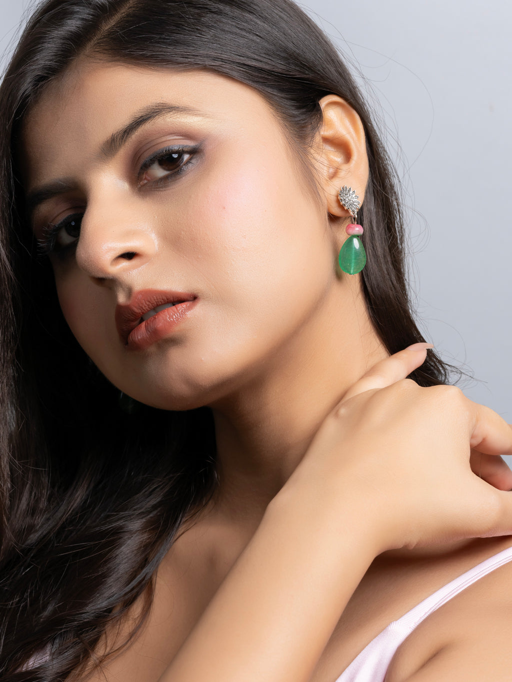 German Silver Floral Pink Green Jade Onyx Drop Stud Earring LOOK AND ADORN - designed for you