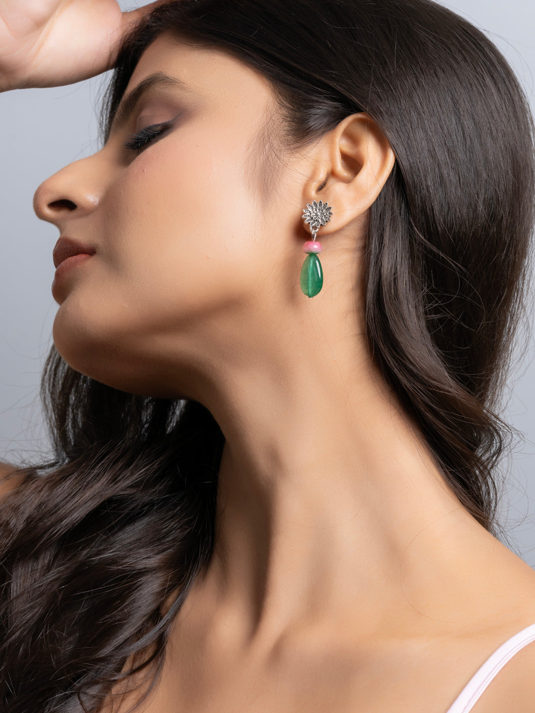 German Silver Floral Pink Green Jade Onyx Drop Stud Earring LOOK AND ADORN - designed for you