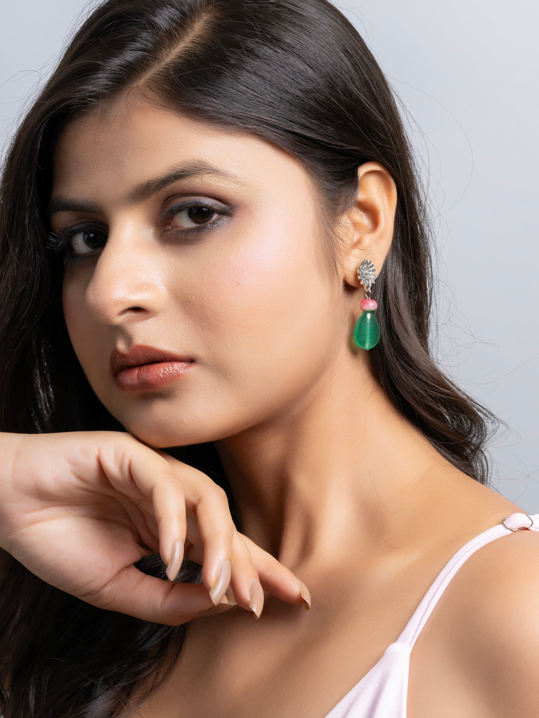 German Silver Floral Pink Green Jade Onyx Drop Stud Earring LOOK AND ADORN - designed for you