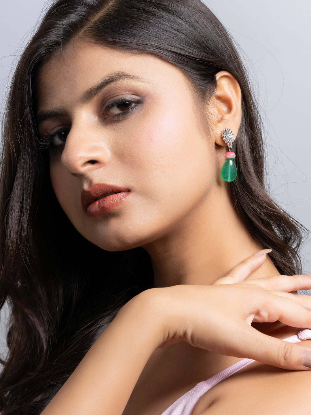 German Silver Floral Pink Green Jade Onyx Drop Stud Earring LOOK AND ADORN - designed for you