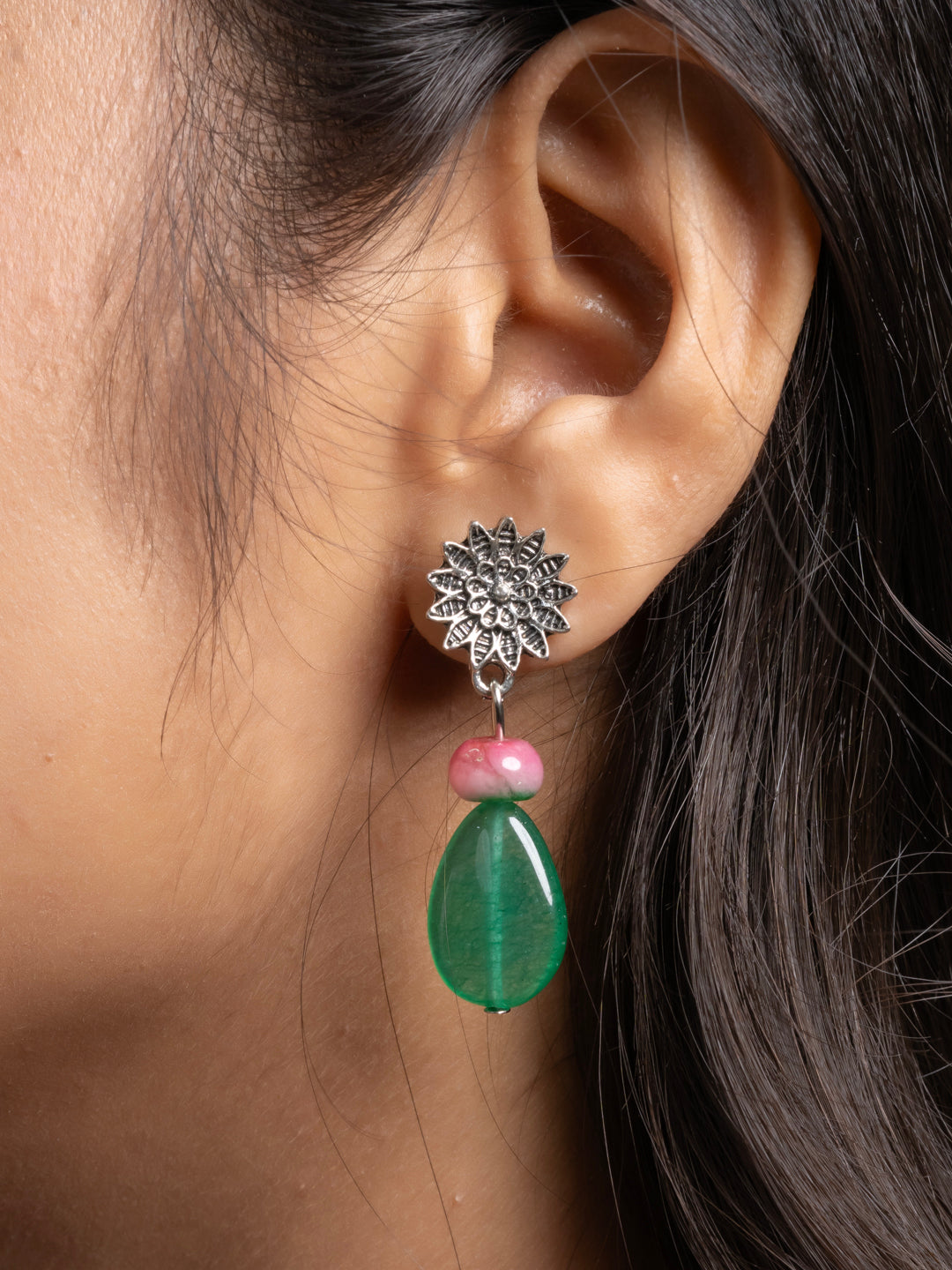 German Silver Floral Pink Green Jade Onyx Drop Stud Earring LOOK AND ADORN - designed for you