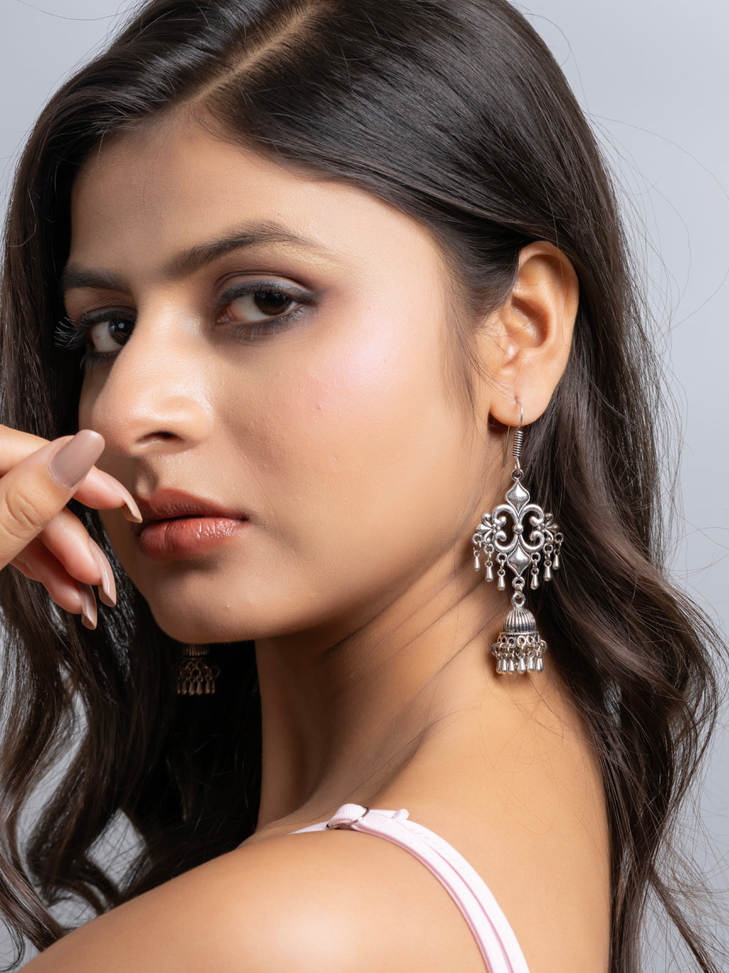 Oxidized German Silver Floral Statement Jhumka Dangler Earring LOOK AND ADORN - designed for you