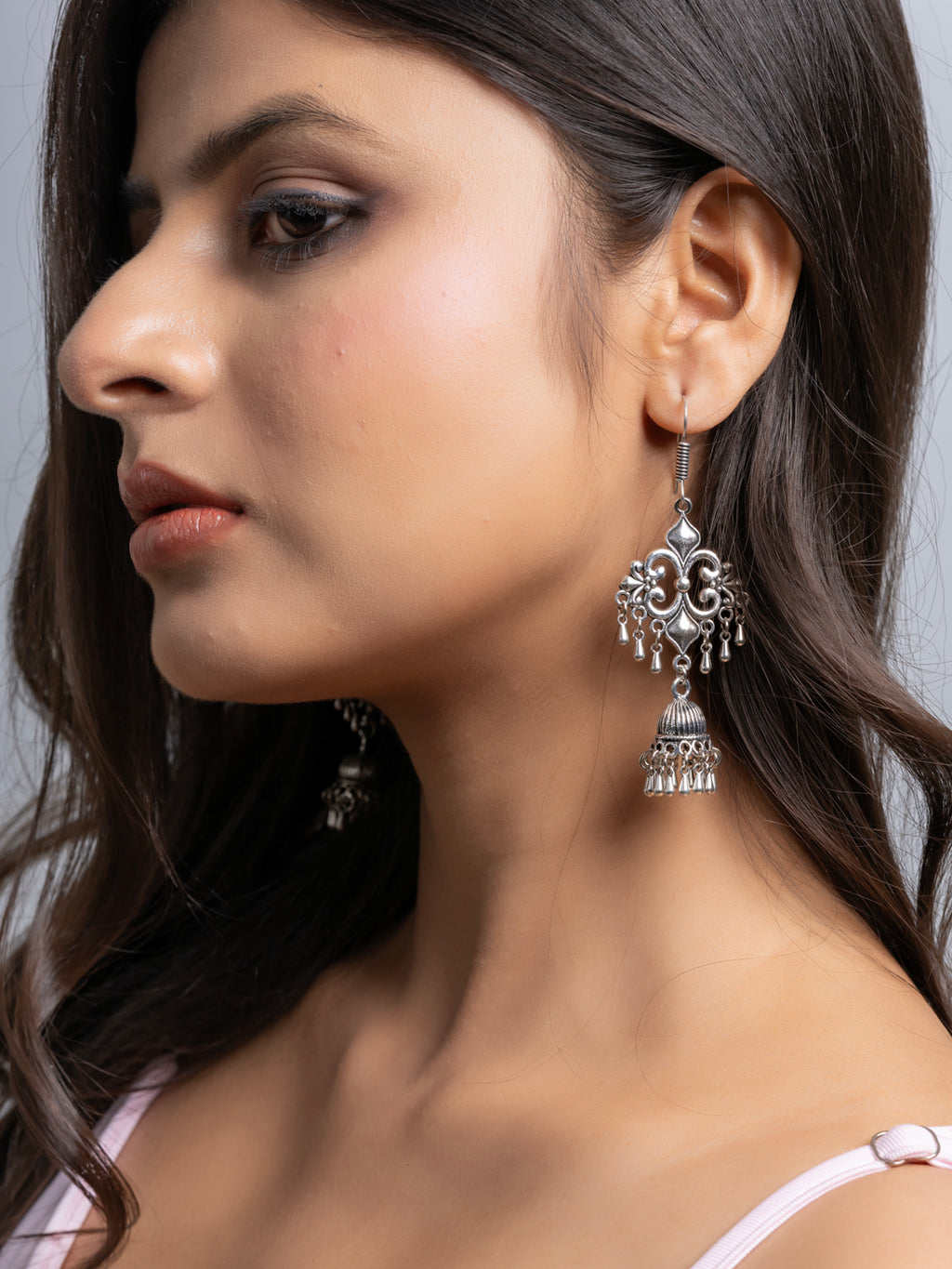 Oxidized German Silver Floral Statement Jhumka Dangler Earring LOOK AND ADORN - designed for you