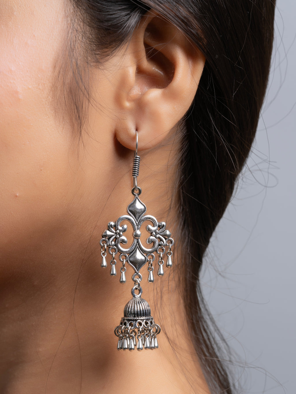 Oxidized German Silver Floral Statement Jhumka Dangler Earring LOOK AND ADORN - designed for you