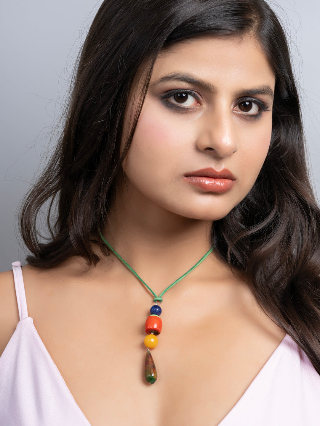 Semi Precious Orange Yellow Green Onyx Coral Agate Sleek necklace with adjustable Suede Cord LOOK AND ADORN - designed for you