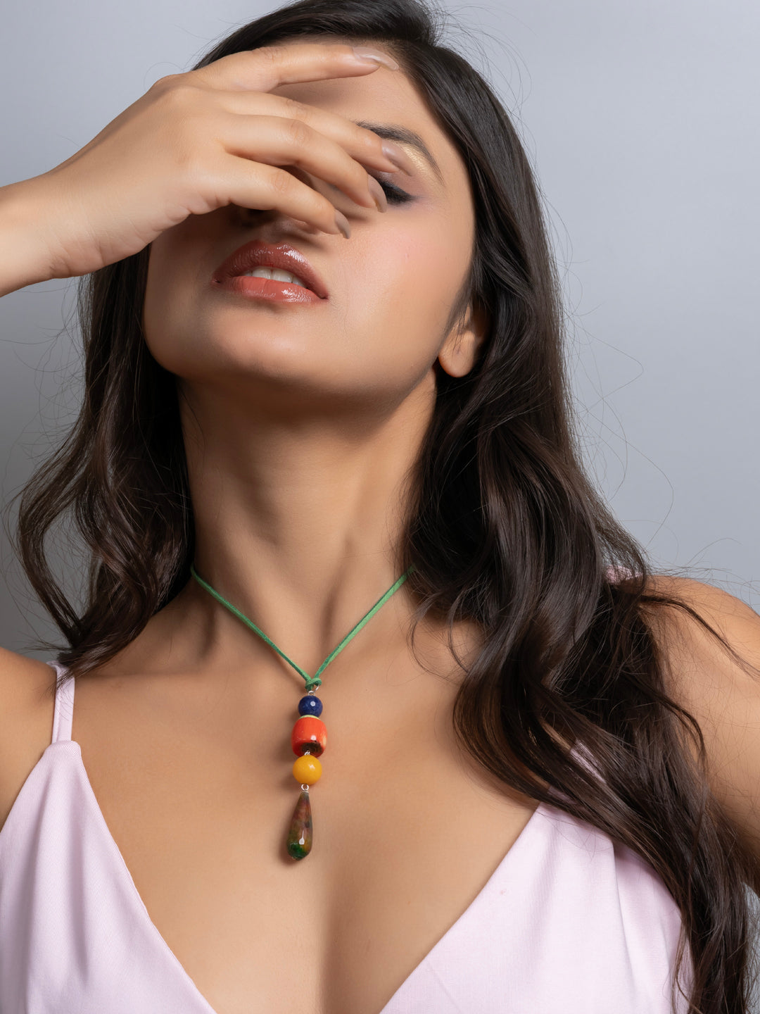 Semi Precious Orange Yellow Green Onyx Coral Agate Sleek necklace with adjustable Suede Cord LOOK AND ADORN - designed for you