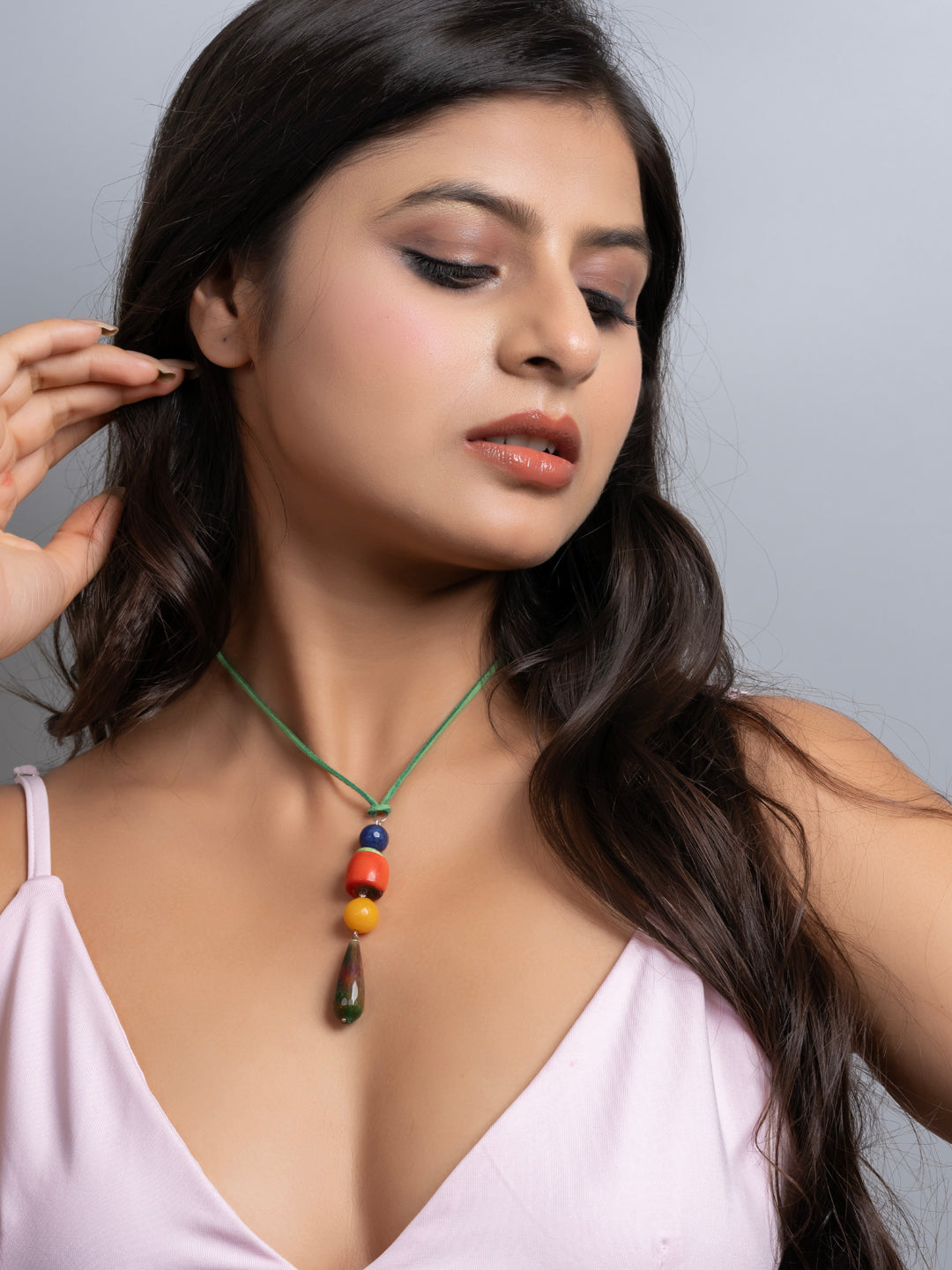 Semi Precious Orange Yellow Green Onyx Coral Agate Sleek necklace with adjustable Suede Cord LOOK AND ADORN - designed for you