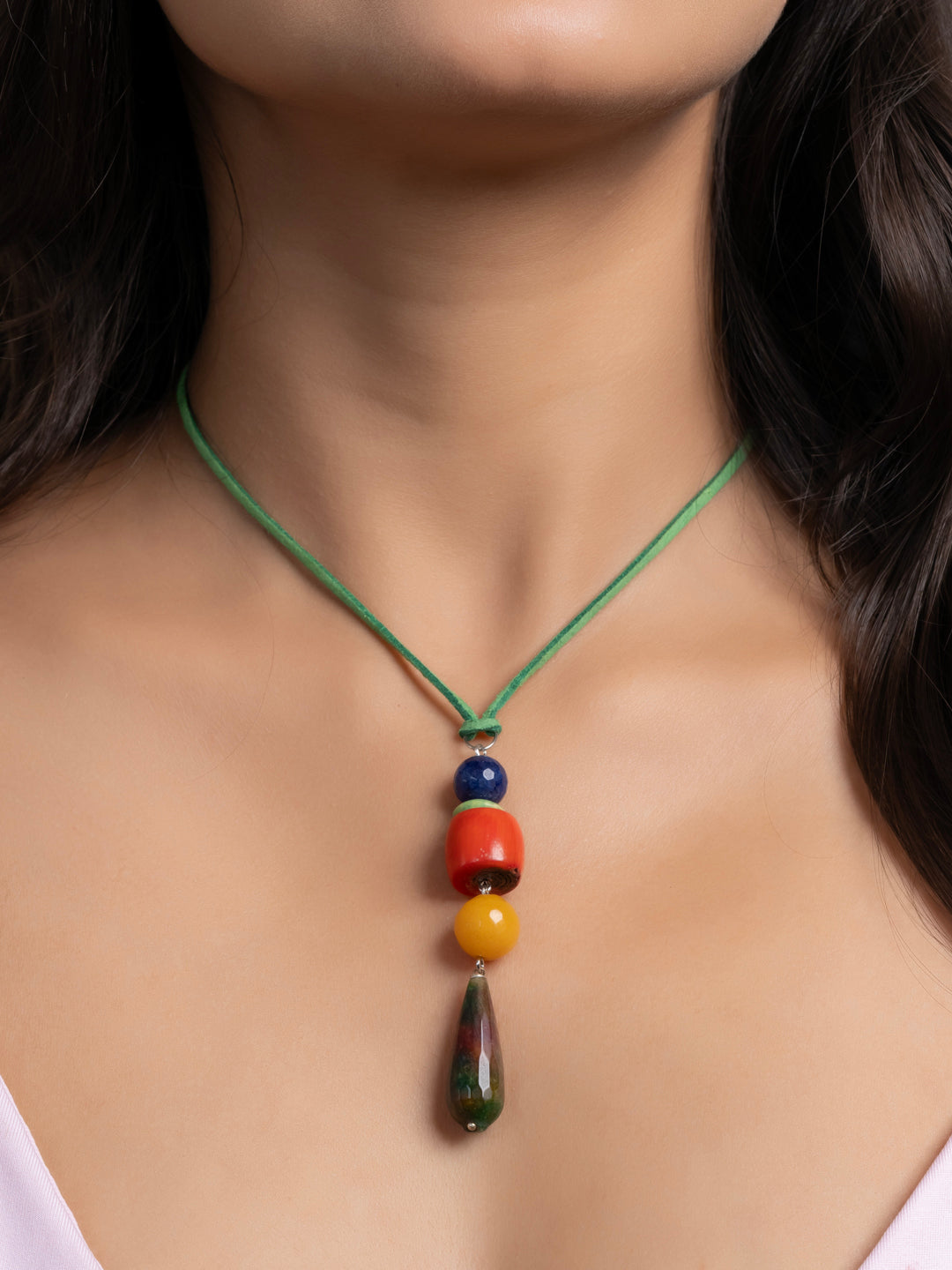 Semi Precious Orange Yellow Green Onyx Coral Agate Sleek necklace with adjustable Suede Cord LOOK AND ADORN - designed for you