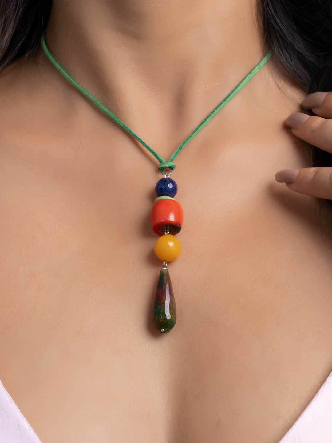 Semi Precious Orange Yellow Green Onyx Coral Agate Sleek necklace with adjustable Suede Cord LOOK AND ADORN - designed for you