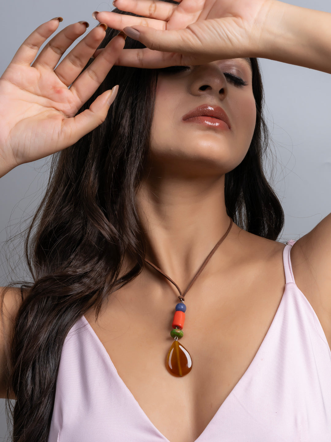 Semi Precious Orange Green Brown Onyx Agate Coral Turquoise Sleek necklace with adjustable Suede Cord LOOK AND ADORN - designed for you