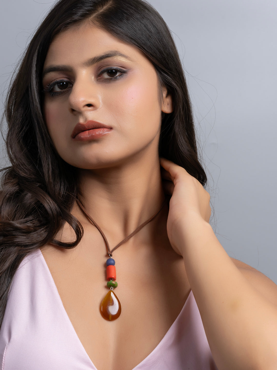 Semi Precious Orange Green Brown Onyx Agate Coral Turquoise Sleek necklace with adjustable Suede Cord LOOK AND ADORN - designed for you