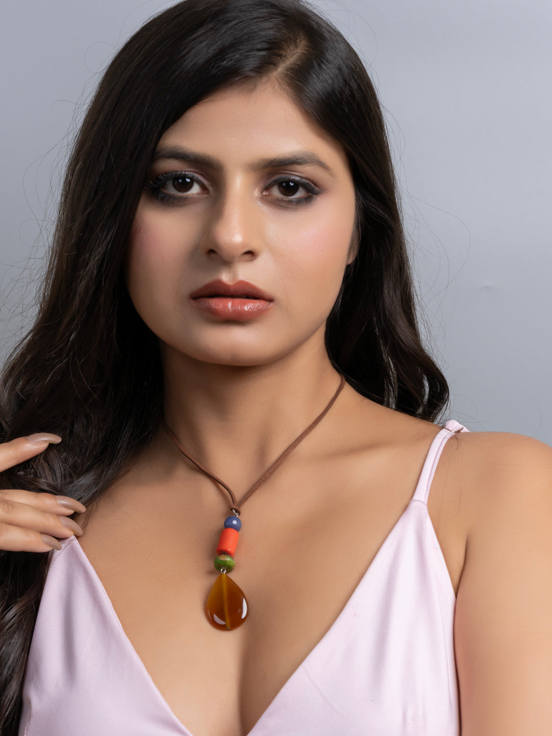 Semi Precious Orange Green Brown Onyx Agate Coral Turquoise Sleek necklace with adjustable Suede Cord LOOK AND ADORN - designed for you