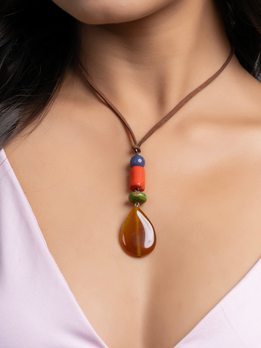 Semi Precious Orange Green Brown Onyx Agate Coral Turquoise Sleek necklace with adjustable Suede Cord LOOK AND ADORN - designed for you
