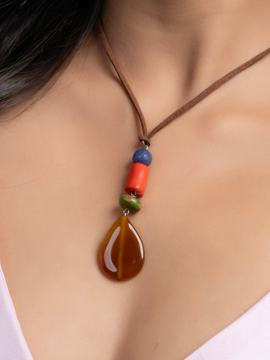 Semi Precious Orange Green Brown Onyx Agate Coral Turquoise Sleek necklace with adjustable Suede Cord LOOK AND ADORN - designed for you