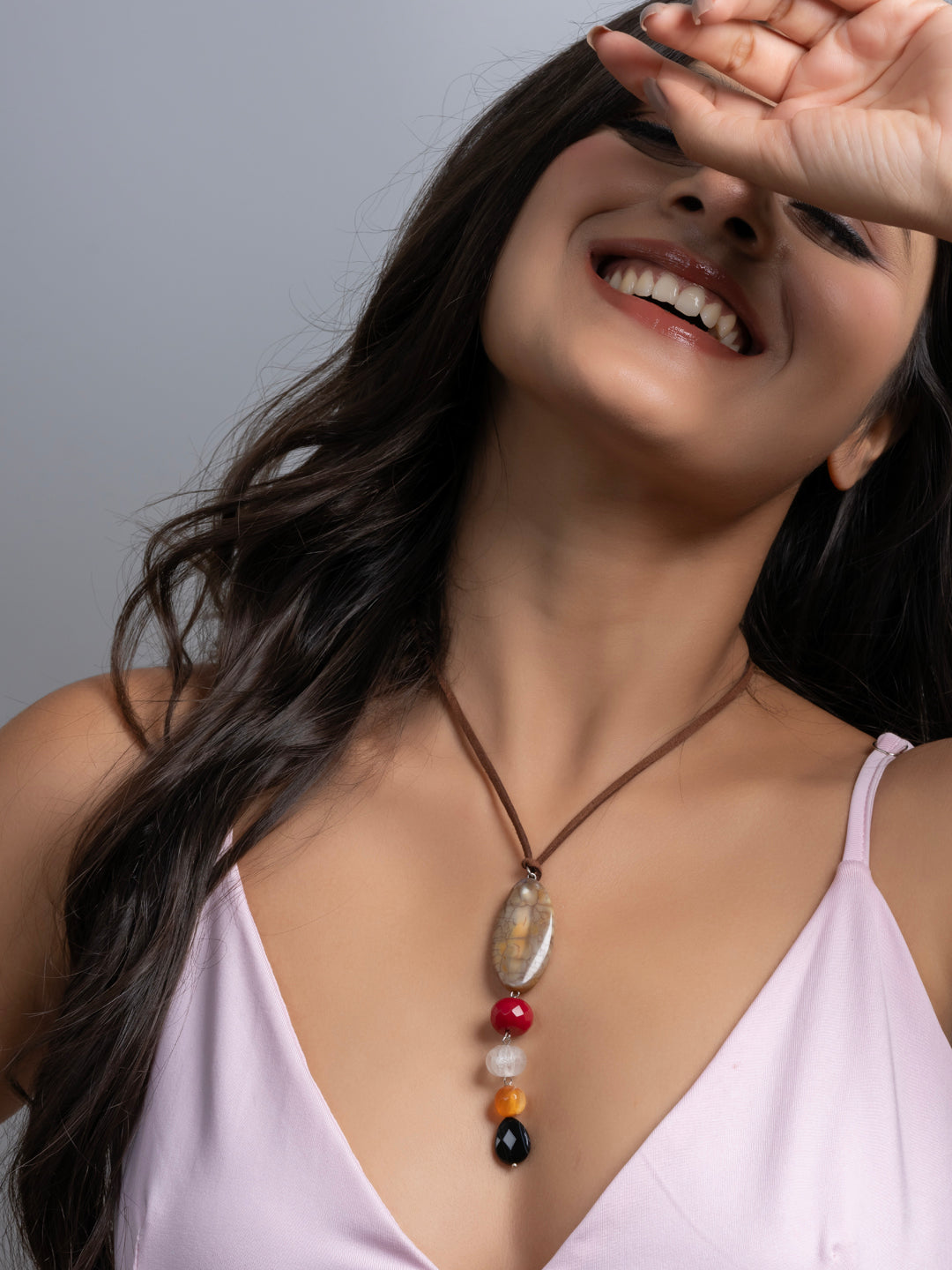 Semi Precious Brown Black Red Onyx Agate Jade Sleek necklace with adjustable Suede Cord LOOK AND ADORN - designed for you
