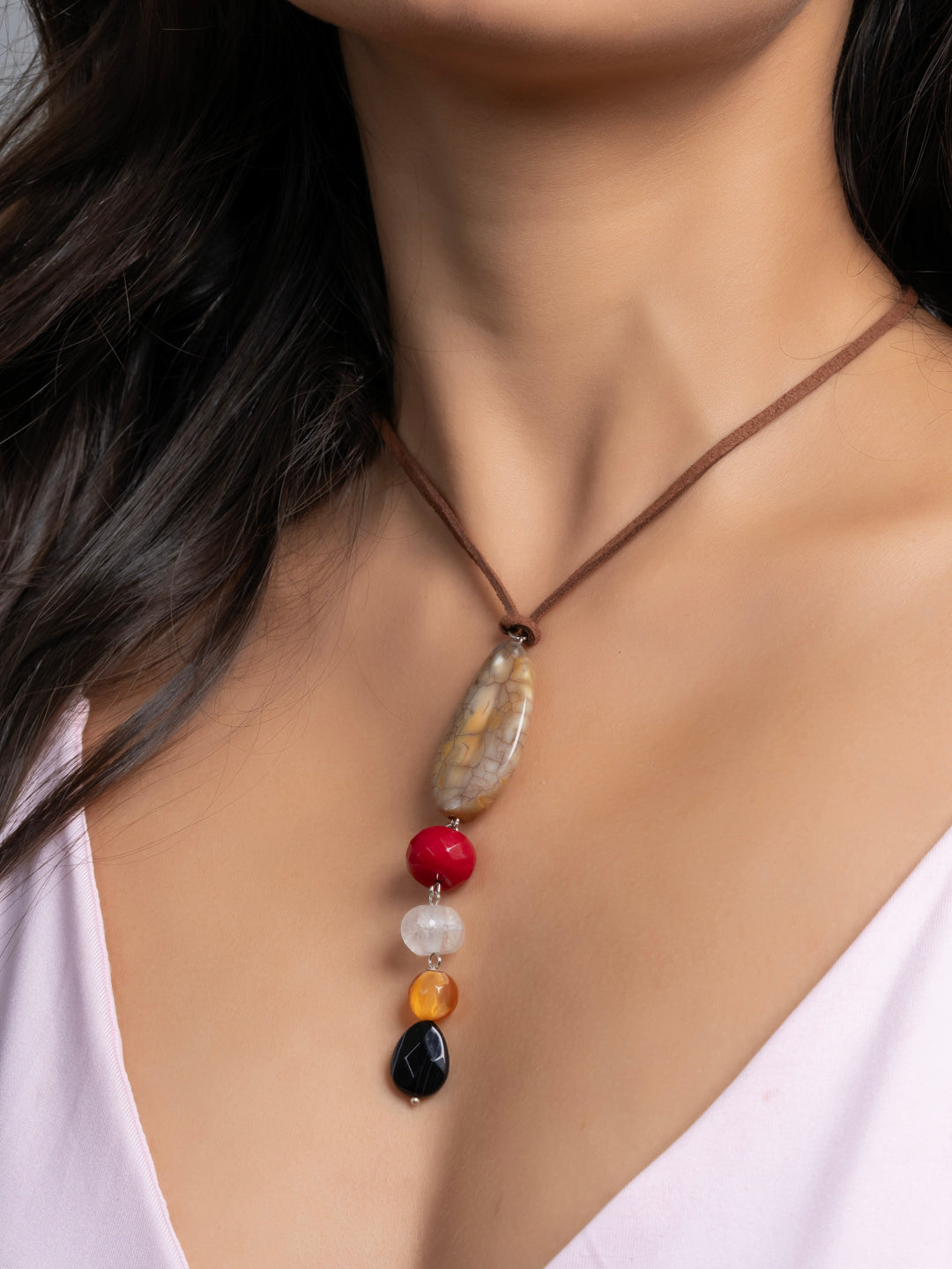 Semi Precious Brown Black Red Onyx Agate Jade Sleek necklace with adjustable Suede Cord LOOK AND ADORN - designed for you