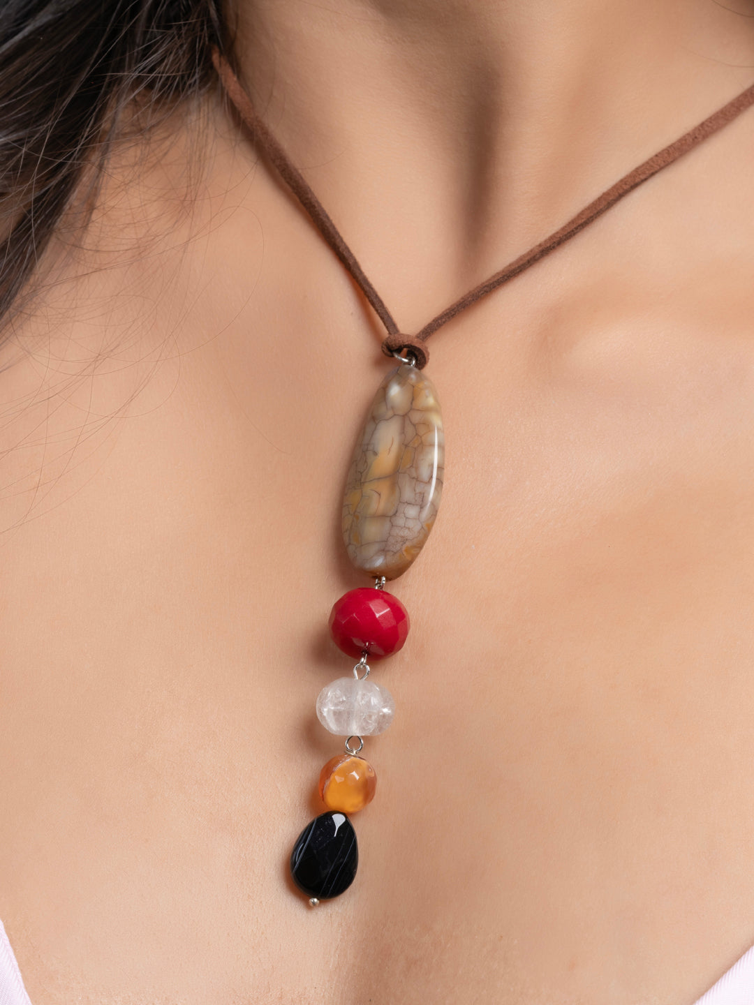 Semi Precious Brown Black Red Onyx Agate Jade Sleek necklace with adjustable Suede Cord LOOK AND ADORN - designed for you