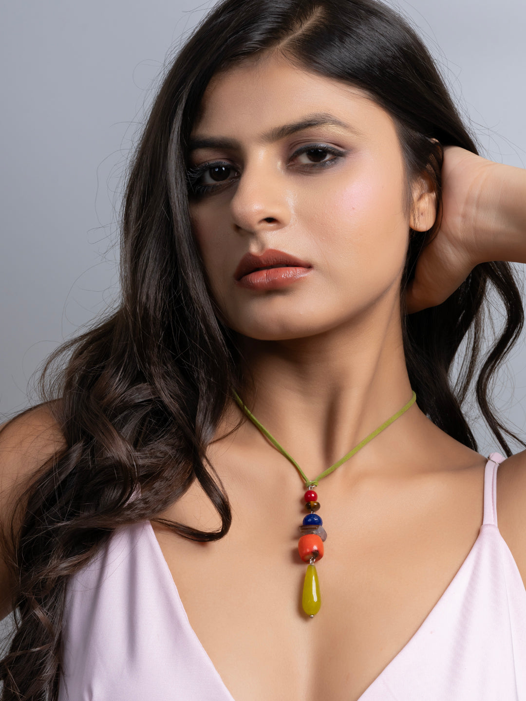 Semi Precious Orange Green Blue Onyx Agate Coral Tiger Eye Sleek necklace with adjustable Suede Cord LOOK AND ADORN - designed for you