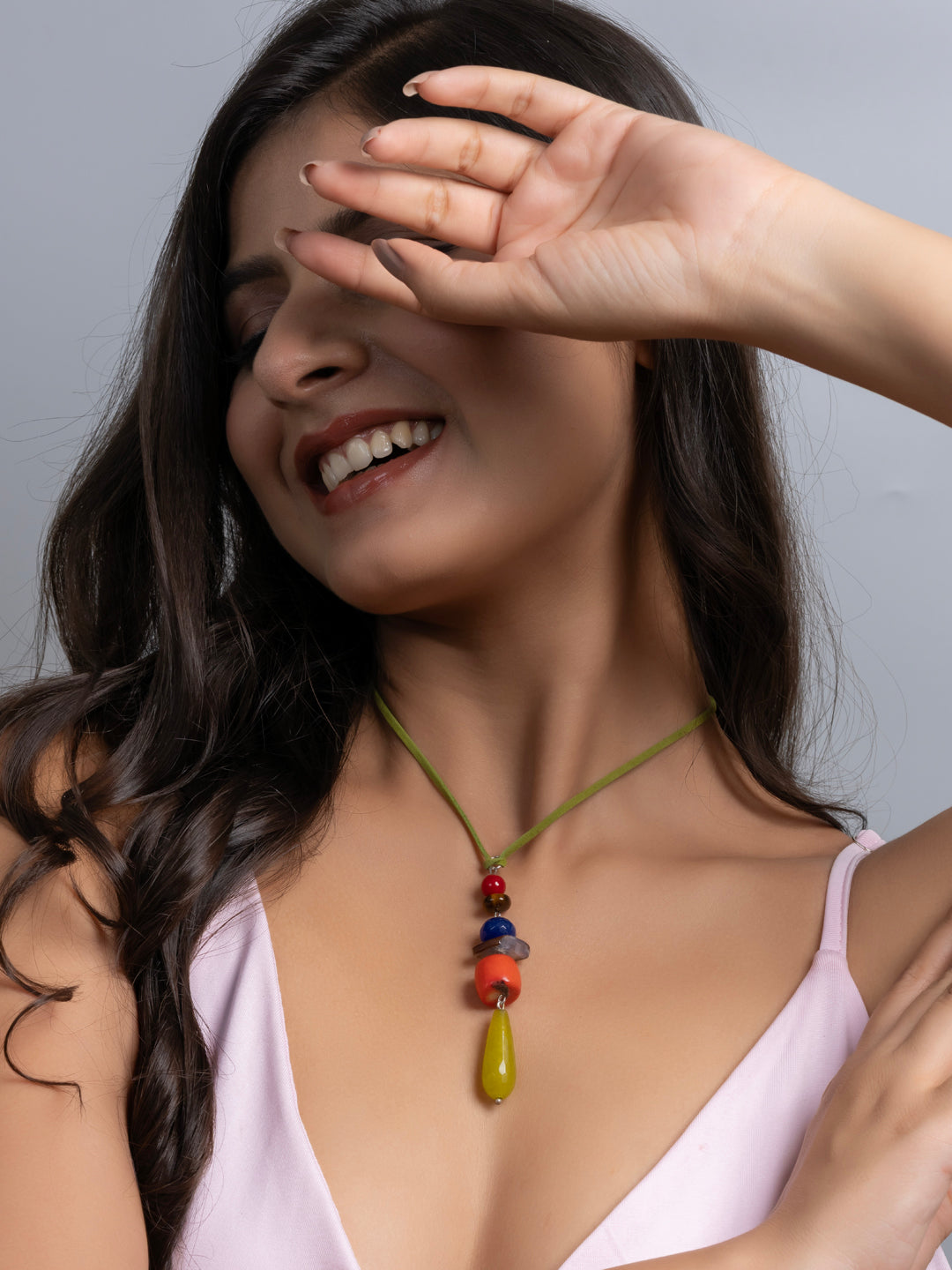 Semi Precious Orange Green Blue Onyx Agate Coral Tiger Eye Sleek necklace with adjustable Suede Cord LOOK AND ADORN - designed for you