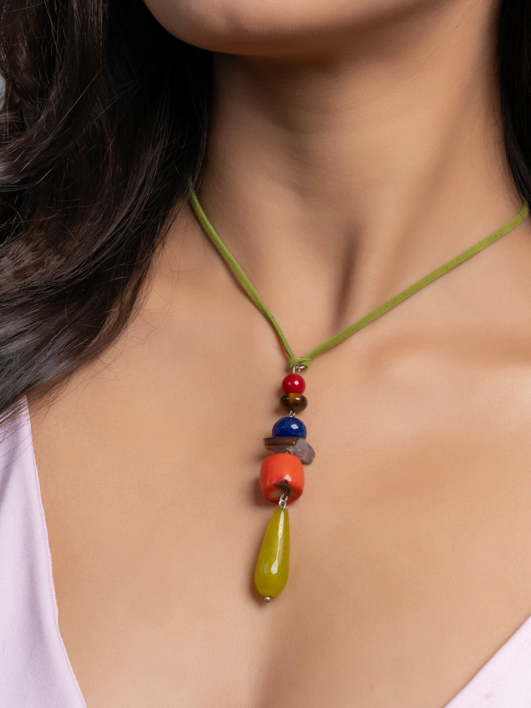 Semi Precious Orange Green Blue Onyx Agate Coral Tiger Eye Sleek necklace with adjustable Suede Cord LOOK AND ADORN - designed for you