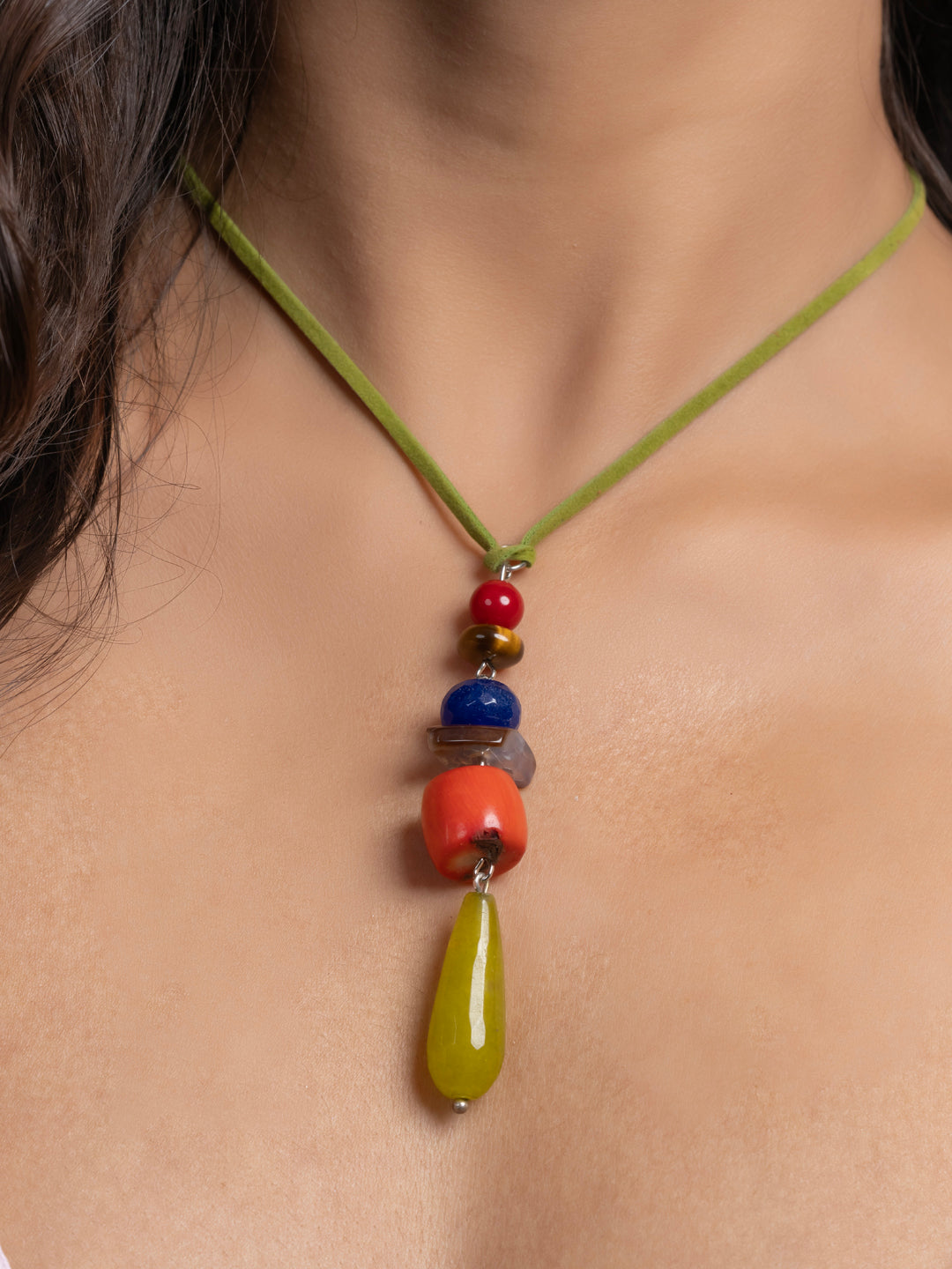 Semi Precious Orange Green Blue Onyx Agate Coral Tiger Eye Sleek necklace with adjustable Suede Cord LOOK AND ADORN - designed for you
