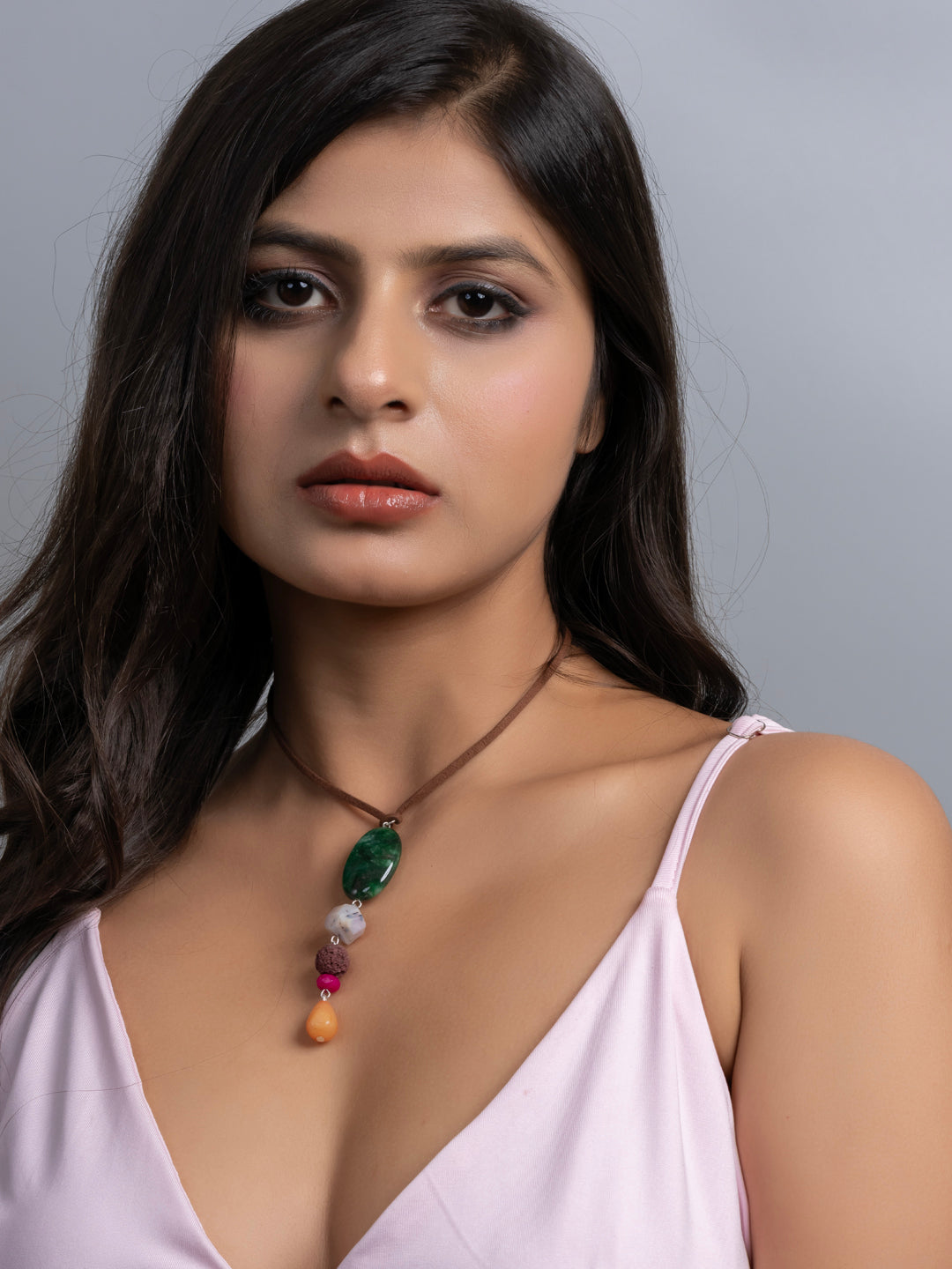 Semi Precious Green Brown Pink Onyx Agate Lava Sleek necklace with adjustable Suede Cord LOOK AND ADORN - designed for you