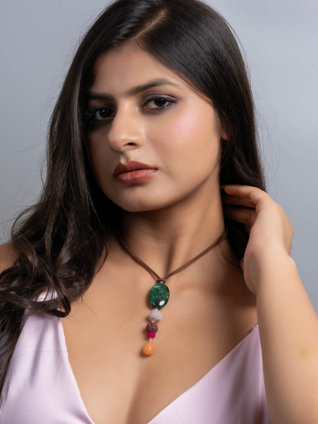 Semi Precious Green Brown Pink Onyx Agate Lava Sleek necklace with adjustable Suede Cord LOOK AND ADORN - designed for you